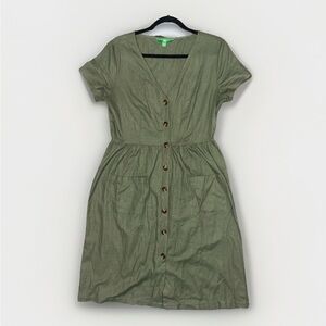 DIP Green Linen Blend Button Front Midi Dress Pockets Size M